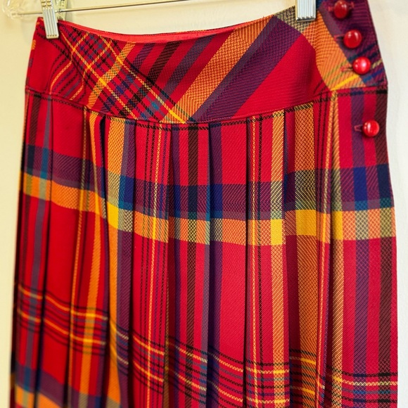 Vintage S - 80s Long Pleated Plaid Maxi Skirt High Waist Wool Blend Winter Small - Picture 2 of 7